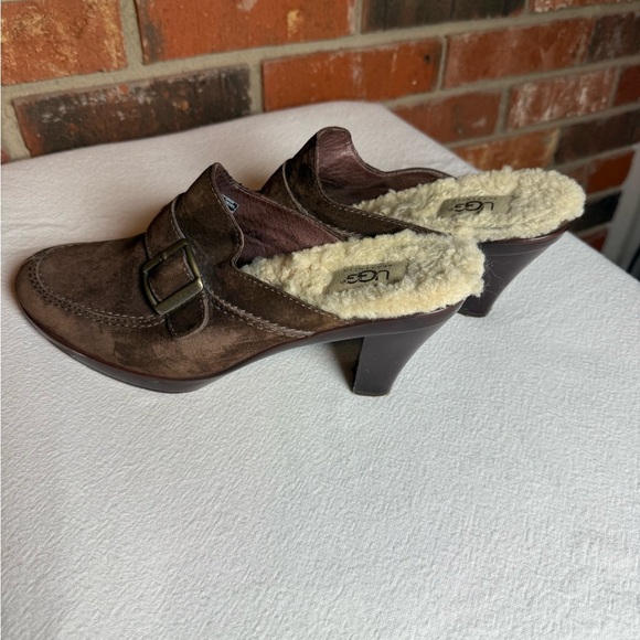 UGG Isabella Brown Suede leather Sherling Slip-On buckle clog loafers block heel - Picture 1 of 8